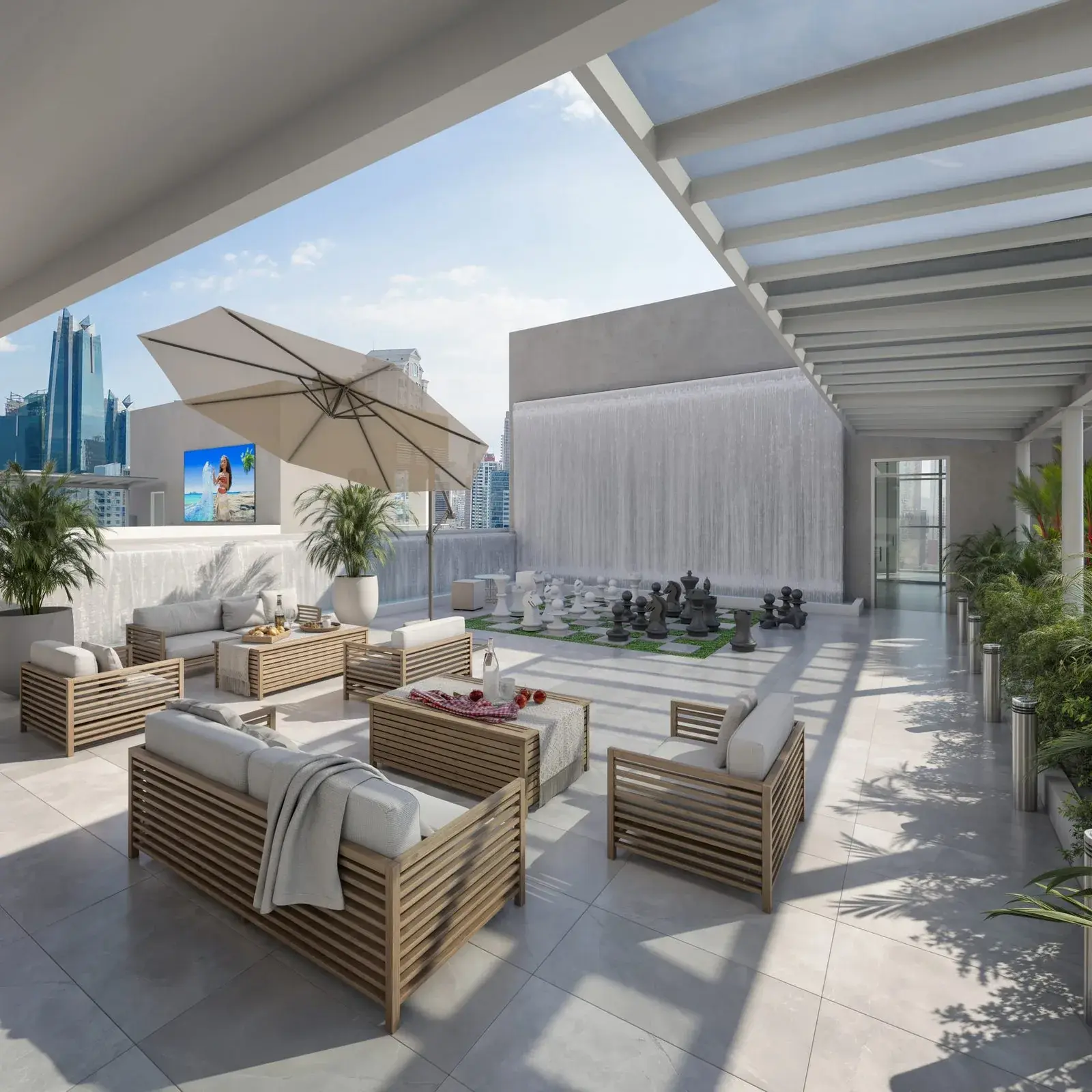 Architectural render of the AWA by Living rooftop lounge.